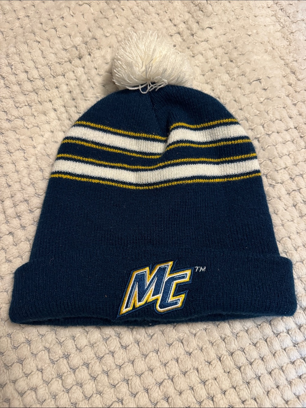 MC Pom Pom Beanie Hat in Navy, White & Yellow